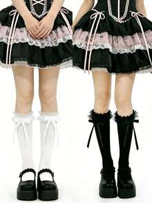 1 Pair Women Lace Trim Bow Knee High Socks, Cute Versatile School Style Mid-Calf Socks, Fashion & Suitable For Daily Wear - Multicolor - View 7