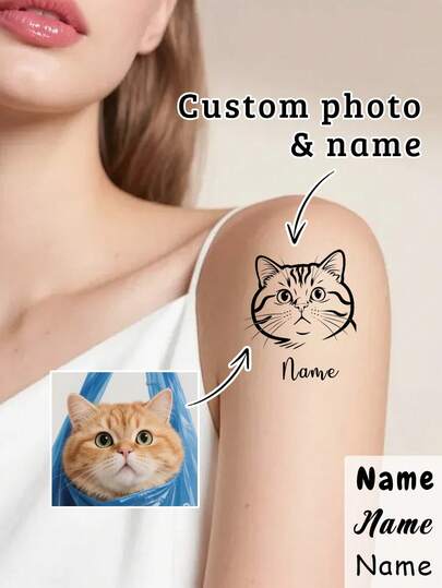 Custom Photo Temporary Tattoo Sticker, Personalized Minimalist Pet Outline Name Tattoo For Shoulder Collarbone Festival Party Daily Style Decor, Customized Fine Line Animal Portrait Temporary Tattoo Gift For Birthday, Customizable Name Unique Body Art Sticker Gift For Pet Lovers Friend Family