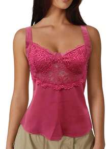Women's Lace Patchwork Tank Tops Summer Fashionable V Neck Ruffle Hem Going Out Vest - Hot Pink - View 3