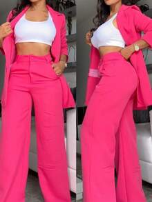Elegant Women's Long Sleeve Blazer And Long Pants Set Collar Button Details Slight Stretch Woven Fabric Suit For Women - Màu Hồng Tươi - Xem 1