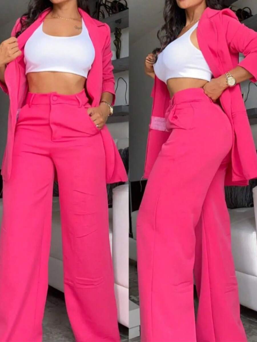 Elegant Women's Long Sleeve Blazer And Long Pants Set Collar Button Details Slight Stretch Woven Fabric Suit For Women - Màu Hồng Tươi - Xem 1