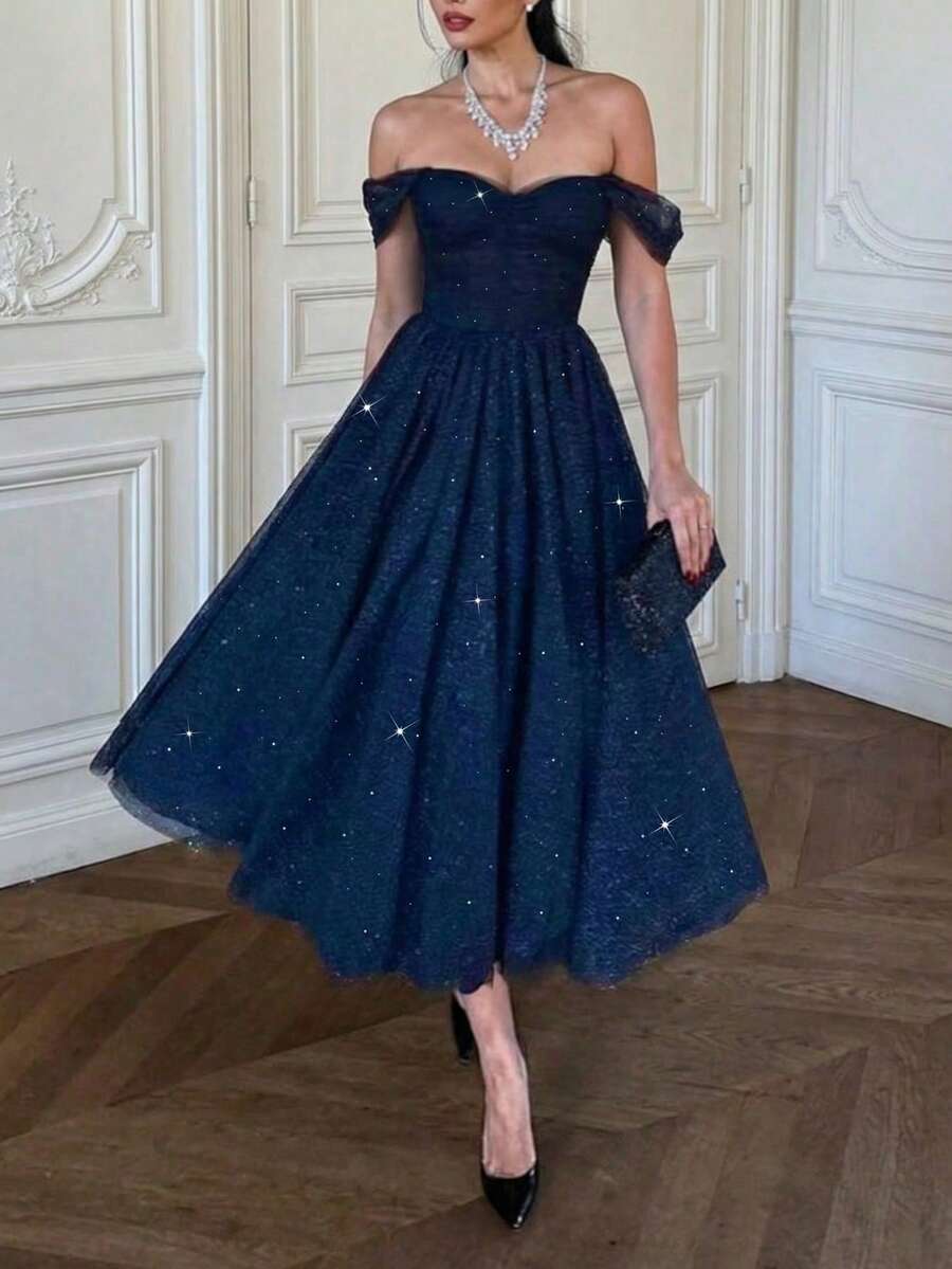 Vestidos de fiesta brillantes de Navidad con falda acampanada y cintura de princesa para mujer, vestido de graduación - Azul Marino - Ver 1