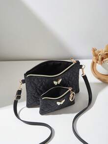 2pcs/Set Quilted Diagonal Crossbody Bag, Butterfly Shoulder Bag, Phone Pouch & Coin Purse - Black - View 6