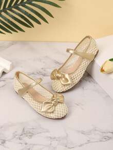 1 Pair Girls' Bow Decor Flat Shoes, Suitable For Spring And Autumn - Gold - View 3