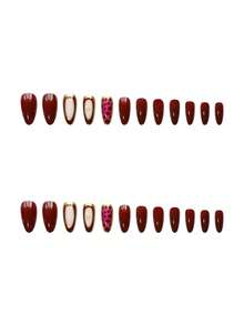 24pcs Almond Shaped 3D Gel Nail Stickers, Can Create Star, French Manicure, Leopard Print And More Nail Art Designs, Perfect For Acrylic Nails. Set Includes: 1pc Jelly Gel And 1pc Nail File. Burgundy And French Manicure Nails, Suitable For Women's Daily Work, Festivals And Parties. - Burgundy - View 4