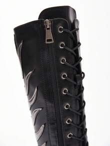 Flame Emborider Punk Boots For Women, Platform Gothic Knee Boots, Combat Fashion Motorcycle Shoes, Women's Zip Long Boots, Casual Metal Decor Shoes - 黑色 - 查看 8