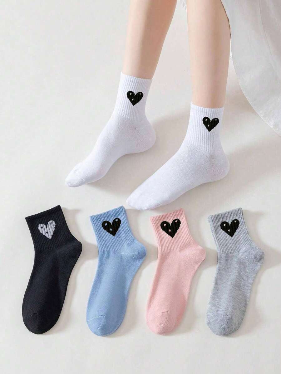 5双装女士可爱爱心图案透气针织中筒袜，春夏百搭，学院风 - 彩色 - 查看 1
