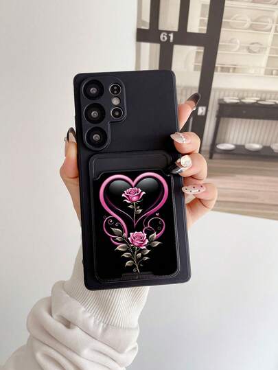 1 pieza Funda de teléfono a prueba de golpes de unicolor negro de TPU y 1 pieza Funda de teléfono de moda 2 en 1 con soporte para tarjetas con diseño de corazón y rosa estilo Y2K, compatible con iPhone, A54, A56, A31 4G, A23, A98, S24, S25 Ultra, A5 13C 14C, Note 14 Pro 4G, Note 15 Pro, K60 Ultra