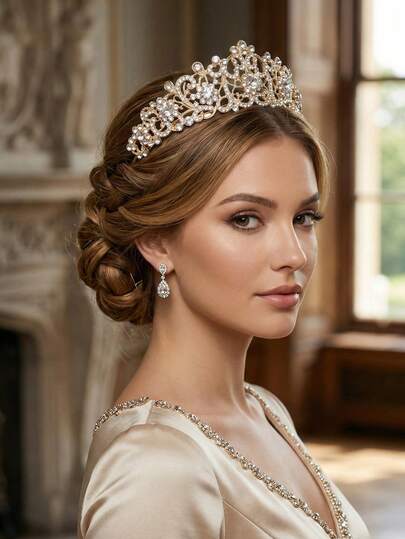 1pc Elegant Gold Rhinestone Bridal Tiara, Sparkling Crystal Princess Crown Hair Accessories For Women Wedding Prom Party