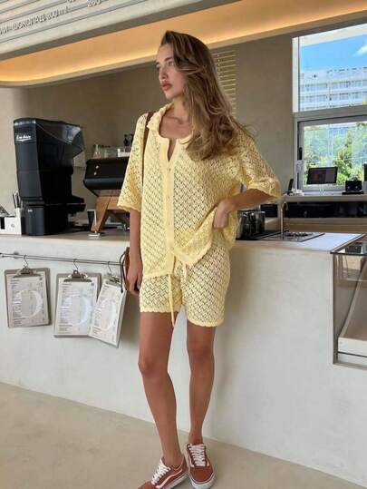 2pcs/Set Fashionable Casual Vacation Chiffon Shirt & Elastic Waist Straight Shorts, Yellow Hollow Button-Up Lightweight Cover Up Paired With Beach Shorts, Suitable For Daily Dates, Beach Parties, Street Style, Outings