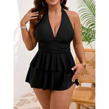 Vestido de baño talla grande para mujer con corte halter sin mangas, traje de baño con volantes en capas y control de abdomen para adolescentes y mujeres - Multicolor 96 - Ver 2