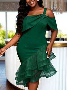 AOMEI Deep Green One-Shoulder Mini Layered Lace Mesh Bodycon Dress, Sexy Party Gown For Spring/Summer Wedding Guest - Dark Green - View 2