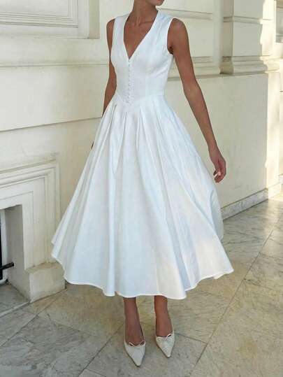 Vestido midi de corte evasé con cintura ceñida y escote en V, estilo francés elegante, nuevo para 2025. Vestido de chaleco sin mangas de patchwork vintage, moda primavera-verano para vacaciones, fiestas en la playa, reuniones familiares y eventos nocturnos. Color: Blanco