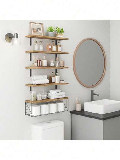 3 Tier Floating Shelves Over Toilet With Basket, 15.8in Rustic Farmhouse Wooden Wall Shelves For Bathroom, Kitchen, Living Room & Bedroom Decor And Storage