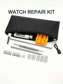 1 Set Watch Repair Tool Kit, DIY Watch Band Replacement Tools, Including Silver Watch Winder, Watch Band Replacement Pins For Different Sizes, Small Metal Hammer, Watch Cleaning Cloth And Storage Bag, Suitable For Professional Watchmakers - Black - View 5