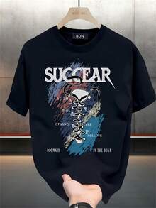 Camiseta de hombre para el verano, cuello redondo y manga corta, ideal para uso diario, citas, ocio y deporte.Moda y estilo Camiseta de manga corta negra con diseño de patrón y texto personalizado - Negro - Ver 1