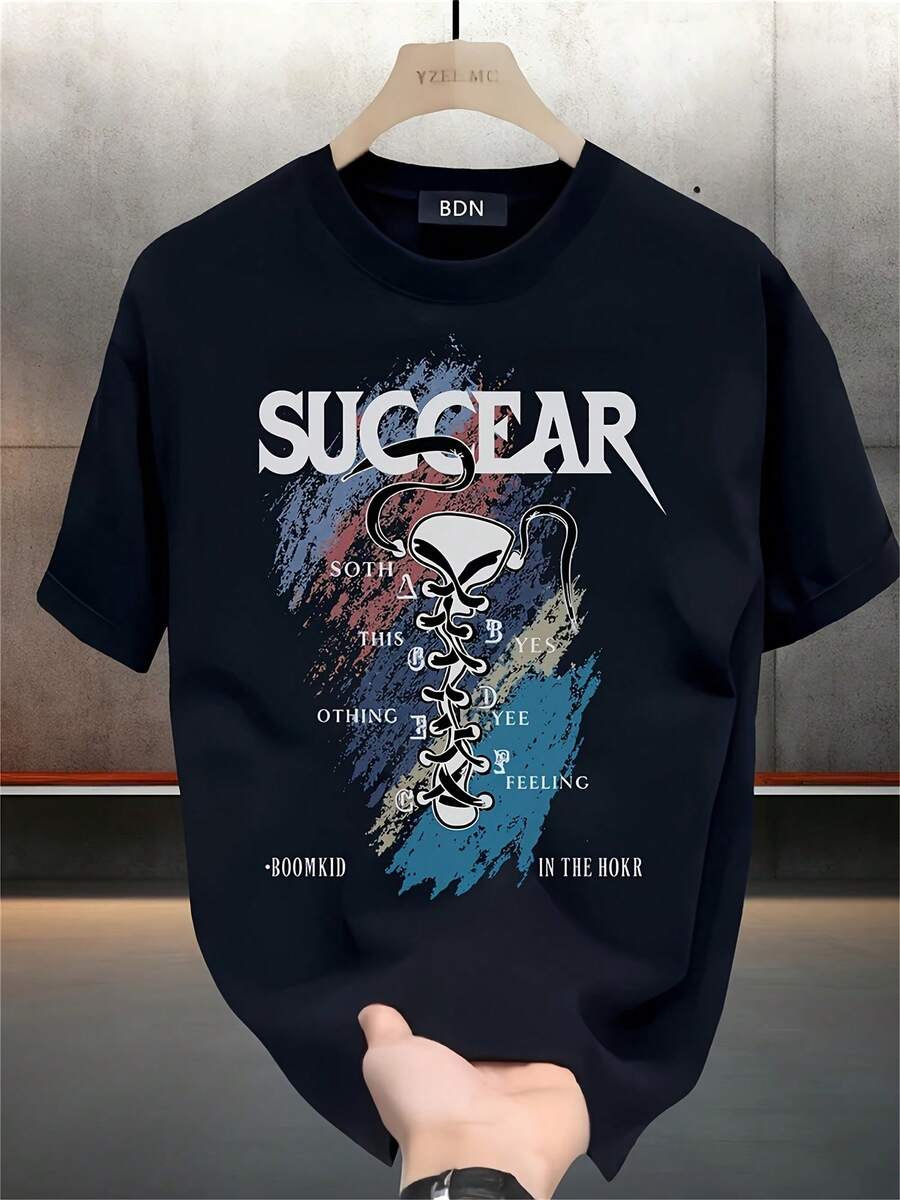 Camiseta de hombre para el verano, cuello redondo y manga corta, ideal para uso diario, citas, ocio y deporte.Moda y estilo Camiseta de manga corta negra con diseño de patrón y texto personalizado - Negro - Ver 1