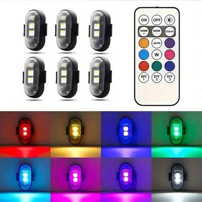 6个彩色LED灯，8种鲜艳颜色，无线LED灯条，遥控器，USB充电，防震设计，适用于无人机、飞机、摩托车、自行车、节日和派对装饰