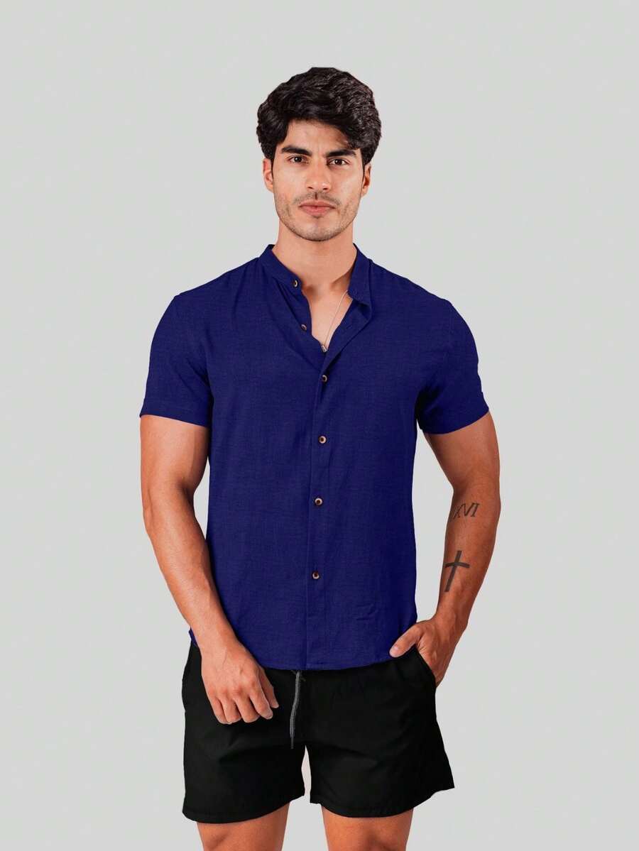 Men's Short Sleeve Linen Look Dress Shirt With Priest Collar - Shirt For Summer 2025 - Fresh Shirt - Beach Fashion - 寶藍色 - 查看 1