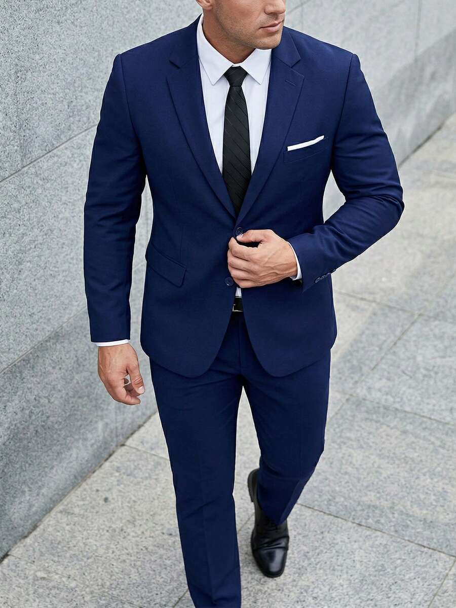 WindsorQuad Furuyal 男士两件套西装，纯色西装套装，优雅单排扣修身西装外套，适合婚礼、派对、晚宴、正式场合、商务活动，藏蓝色，尺码 XS-3XL - 藏蓝色 - 查看 1