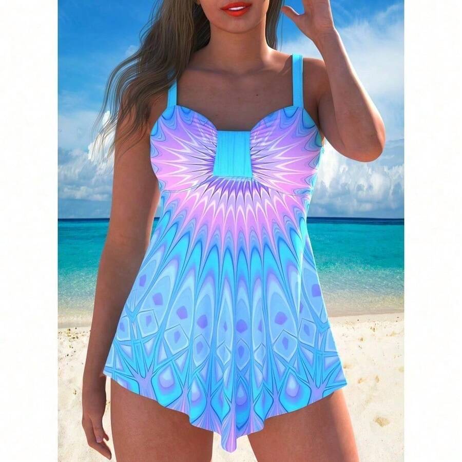 Free-Ship-Random Women's Plus Size Tankini Swimsuit Set - Multicolor - View 1