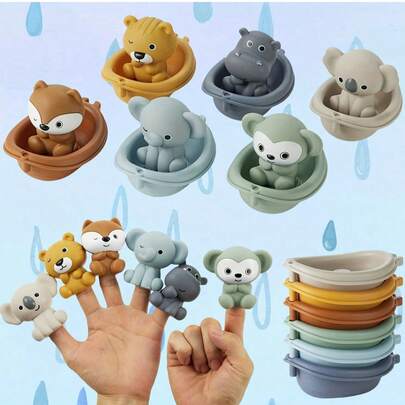 可堆叠漂浮婴儿洗澡玩具，带动物手指偶的浴缸玩具，硅胶手偶益智沙滩玩具，适合婴幼儿，派对礼品