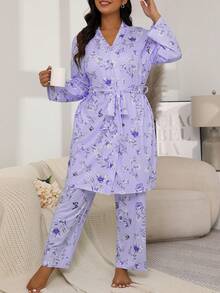 Plus Size Casual Pajama Set, Women's Floral & Butterfly Print Long Sleeve Belted Robe & Cami Top & Pants Lounge 3pcs Set For Fall & Winter - 紫色 - 查看 3