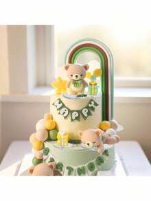 1 pièce Joli gâteau décoratif ourson avec nœud vert, décoration de gâteau avec arche à rayures nœud-en-ciel, boîte-cadeau verte, étoiles jaunes et nuages. Convient pour les baptêmes, anniversaires, révélations de et baby showers. - Vert - Voir 2