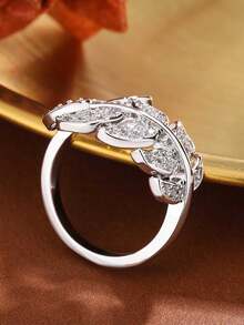 Asymmetrical Feather Wing Cubic Zirconia Ring, Unique Design Jewelry Gift For Women - White - View 4