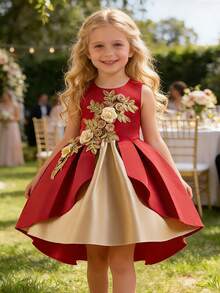 Girls 3D Embroidered Contrast Color Princess Dress, Midi Length Backless Princess Dress For Young Girl Party Wedding - Red - View 3