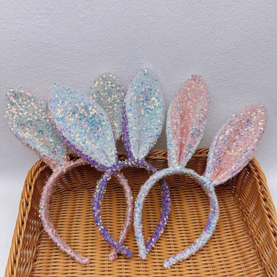 1 chiếc băng đô tai thỏ đính sequin dễ thương mới, phụ kiện tóc cho nữ, kẹp tóc tai thỏ. - Xem 1
