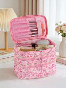 1个多功能绗缝蝴蝶樱桃印花三层旅行化妆包，设计百搭，颜色多样，适合户外旅行和居家使用。 - 彩色 - 查看 5