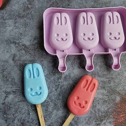 1pc 3-Cavity Rabbit Shaped Ice Cream Mold | Silicone, Chocolate Pudding Cake Decoration Mold, Lid Included.