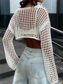 Women's White Semi-Sheer Short Knit Cardigan, Long Sleeve Top, Breathable Fabric Spring - White - View 2