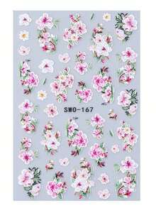 SWEET TREND 2片装5D樱花美甲贴纸，白色渐变粉色花瓣和绿叶，春夏法式花卉印花设计，DIY浪漫优雅自粘美甲贴花 - 彩色 - 查看 3