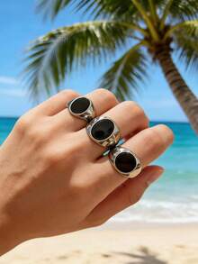 1 pieza Anillo de hombre minimalista casual ovalado, redondo, con diamante de imitación negros, hecho de acero inoxidable 316, chapado en oro de 18K por dentro y por fuera, impermeable e hipoalergénico, adecuado para hombres con estilo minimalista clásico - Anillos ovalados/redondos para hombre - Ver 5