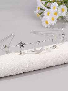 1件银色五角星月亮图案铁艺发箍，优雅时尚女士发饰 - 銀色 - 查看 2