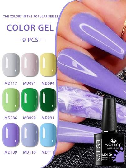 MSRUIOO 9件套凝胶指甲油套装，8毫升，春夏马卡龙糖果色系，绿色、蓝色、紫色，半永久可卸甲油胶，UV/LED凝胶美甲设计，送给女性和女孩的礼物，居家美甲沙龙套装