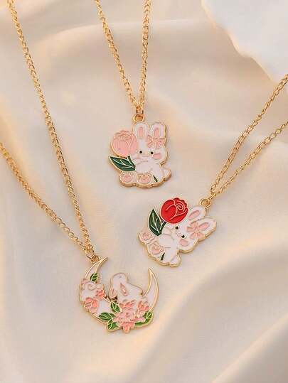 1件可爱兔子合金吊坠，甜美饰品，适合男士、女士、节日派对、日常佩戴、生日礼物、送给朋友、情侣，精致节日礼物，珠宝礼品