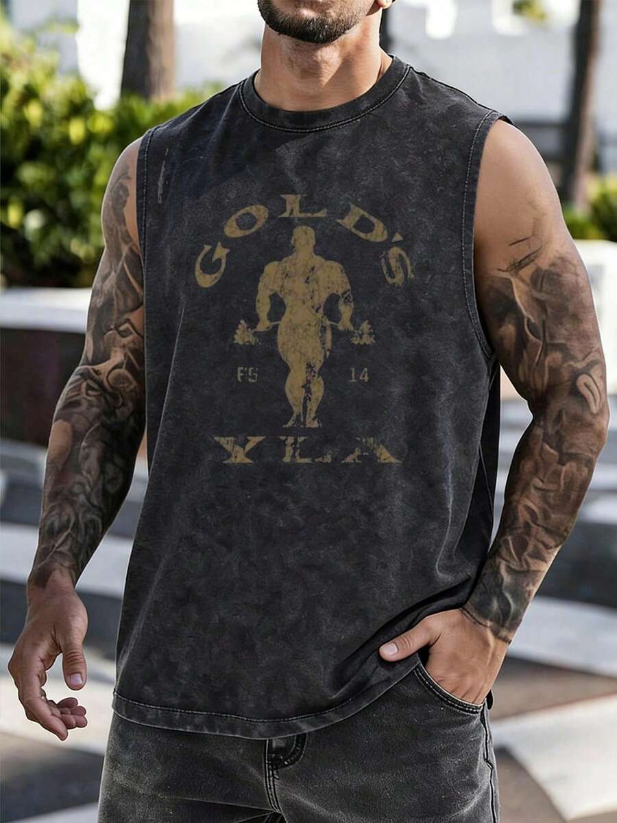 Men's Printed Vintage Washed Vest, Loose Fit, Casual Street Style, An Essential Everyday Item - màu đen - Xem 1
