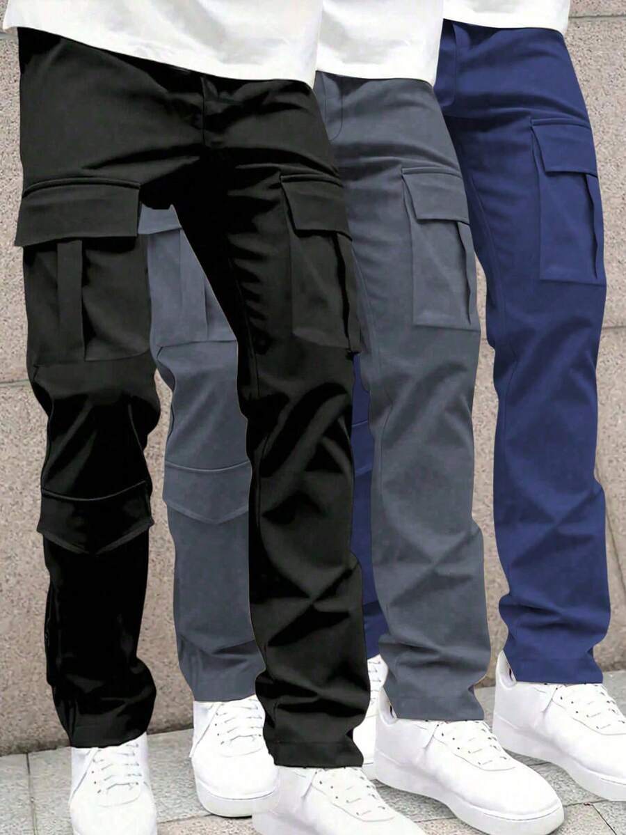 3件組男童休閒運動多口袋直筒工裝褲，四季皆宜 - 彩色 - 查看 1