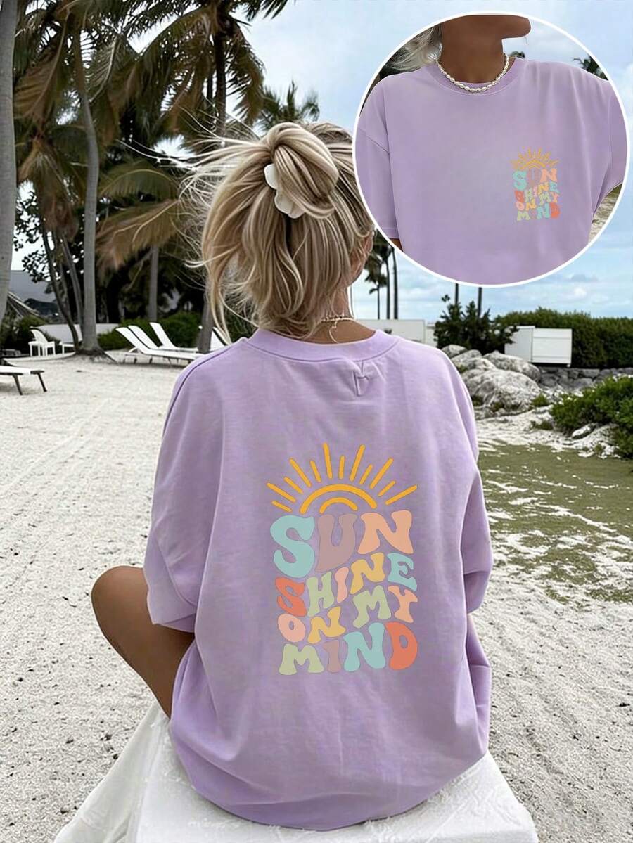 Frühling/Sommer Oversized Top, 100% Baumwolle Top, Damen Kurzarm T-Shirt, farbenfroher Slogan "Sun In My Herz" Grafikdruck, einfarbiges Rundhals, weich und bequem, lässig für den Alltag, Streetwear, Y2k, Strand, Abschlussfeier, Urlaub, Top, Sommer, Frühling, T-Shirt, Fitnessstudio, Sport, Party Top, Bluse, lavendelviolettes Top - Lan Zi - Übersicht 1