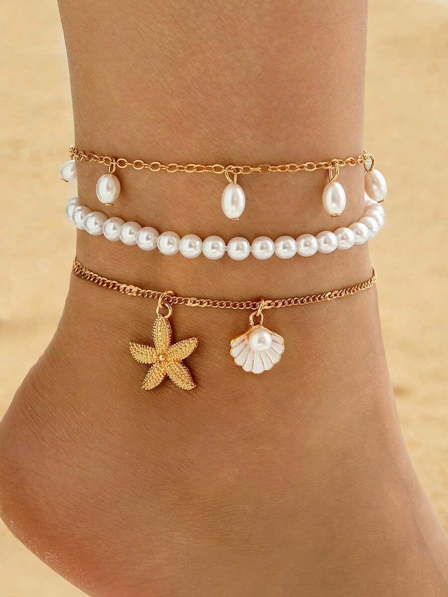 imoli Set de 3 piezas de tobillera con estilo bohemio de metal con forma de estrella de mar, concha marina y perla, regalo perfecto para usar en la playa para mujeres