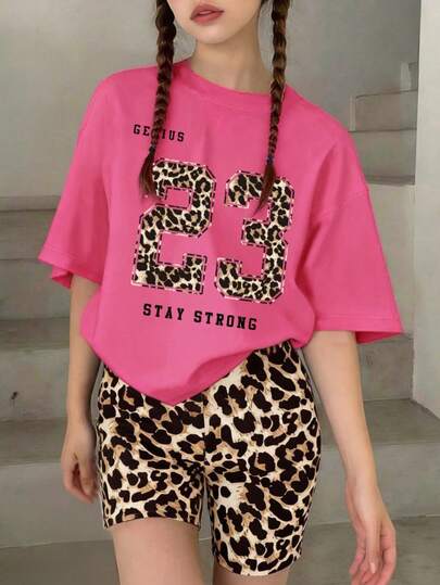 2pcs Tween Girl Casual Summer Set, Digit Print Simple T-Shirt And Leopard Print Leggings, Suitable For Spring/Summer, Back To School, Outdoor/Home/Travel Outfit