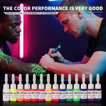 yikexuanli 荧光纹身墨水套装 14色荧光纹身墨水套装 荧光墨水 时尚人体彩绘墨水套装，紫外线下会发光 礼品