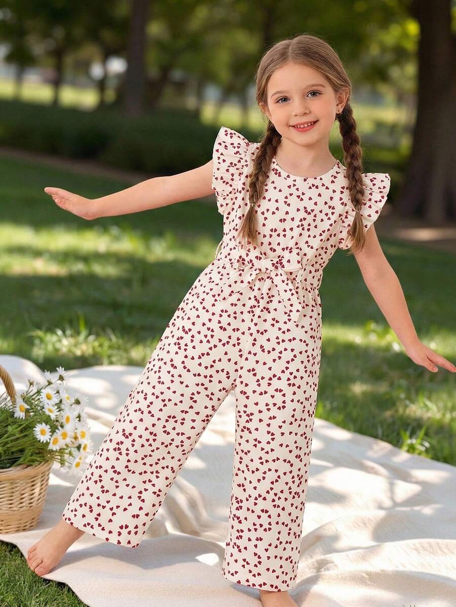 Young Girls Fashion Heart Print Frill Trim Sleeveless Jumpsuit + Belt - White - View 1