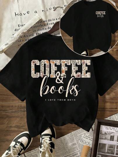 女士短袖T恤，饰有花卉和文字图案，休闲舒适，时尚百搭，适合户外活动