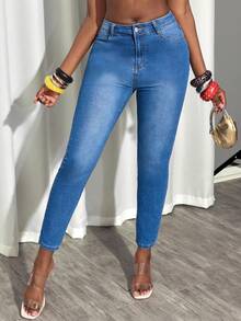 Women's Casual Solid Color Skinny Jeans Spring - Medium Wash - View 4