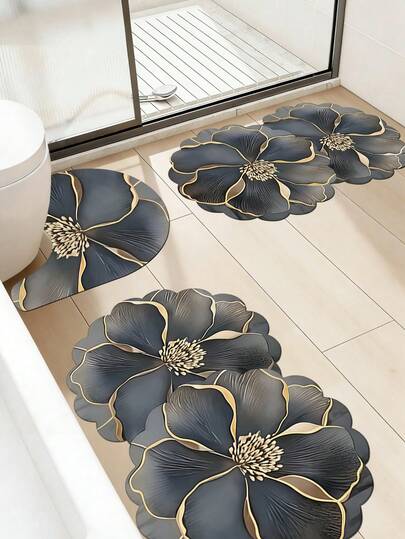 1pc/2pcs/3pcs Gold Flower Pattern Decorative Floor Mat, Room Decor, Bathroom Rug, Doormat, Small Rug, Carpet, Home Decor, Area Rug, Outdoor Mat, Bedroom Carpet, Washable Rug