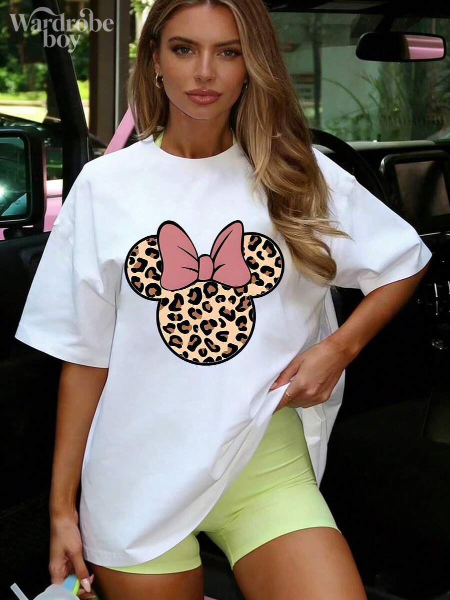 Disney Printed T-Shirt,Disney Leopard Print Minnie Mouse  Pattern Print,100% Cotton Material,Suitable For All Seasons, Comfortable And Breathable| Exquisite Design | The Best Choice For Giving Gifts - trắng - Xem 1